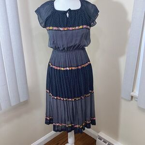 𝅺VINTAGE Ark Reworks Boho Chic Floral Polka Dot Midi Dress Blue White Yellow